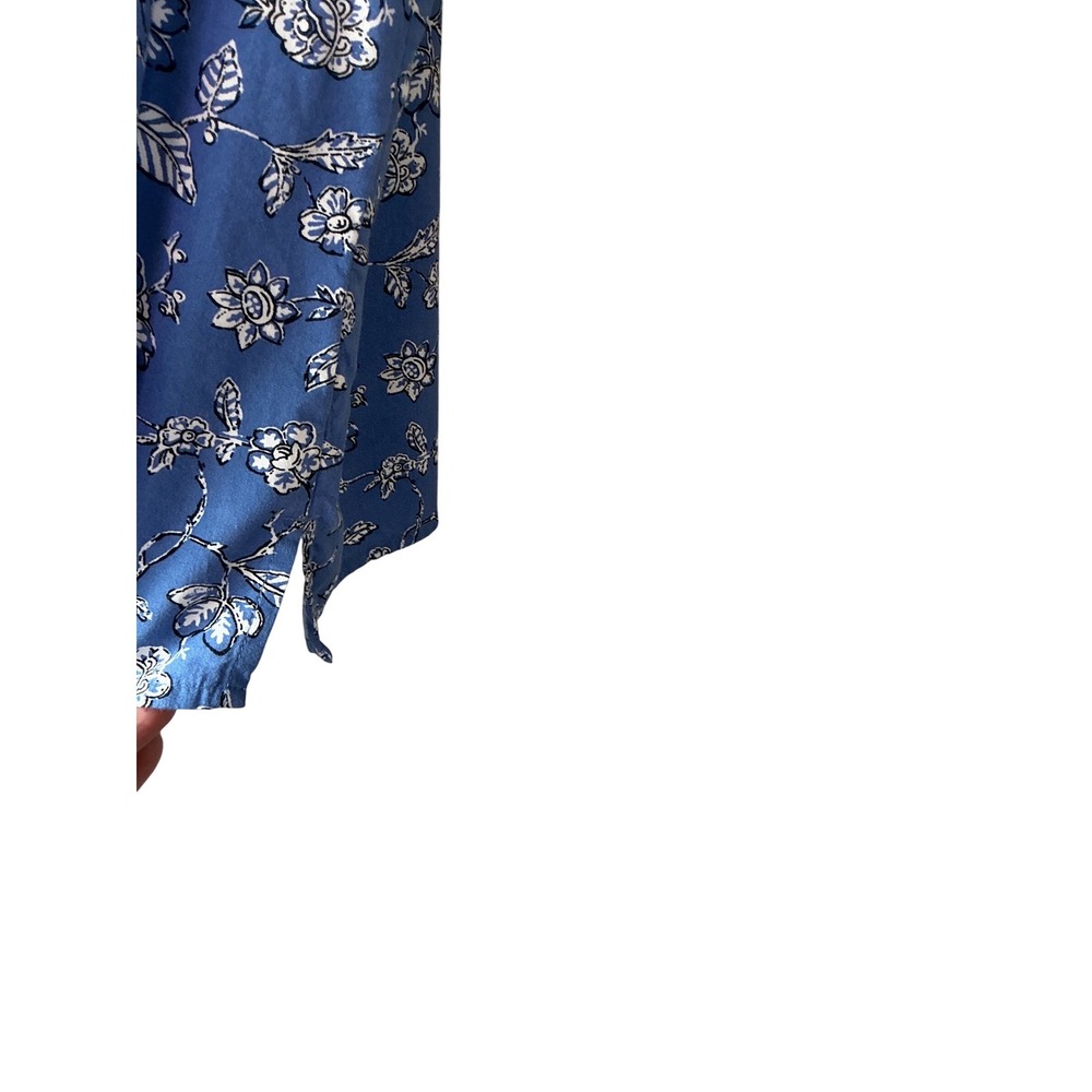 LOFT Blue Floral Cotton Rayon Tie Neck Puff Short Sleeve Peasant Blouse Medium - Picture 5 of 9